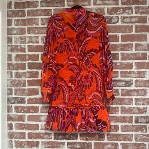 Farm Rio Tropical Palm Print Smocked Long Sleeve Mini Dress Multi Red Small